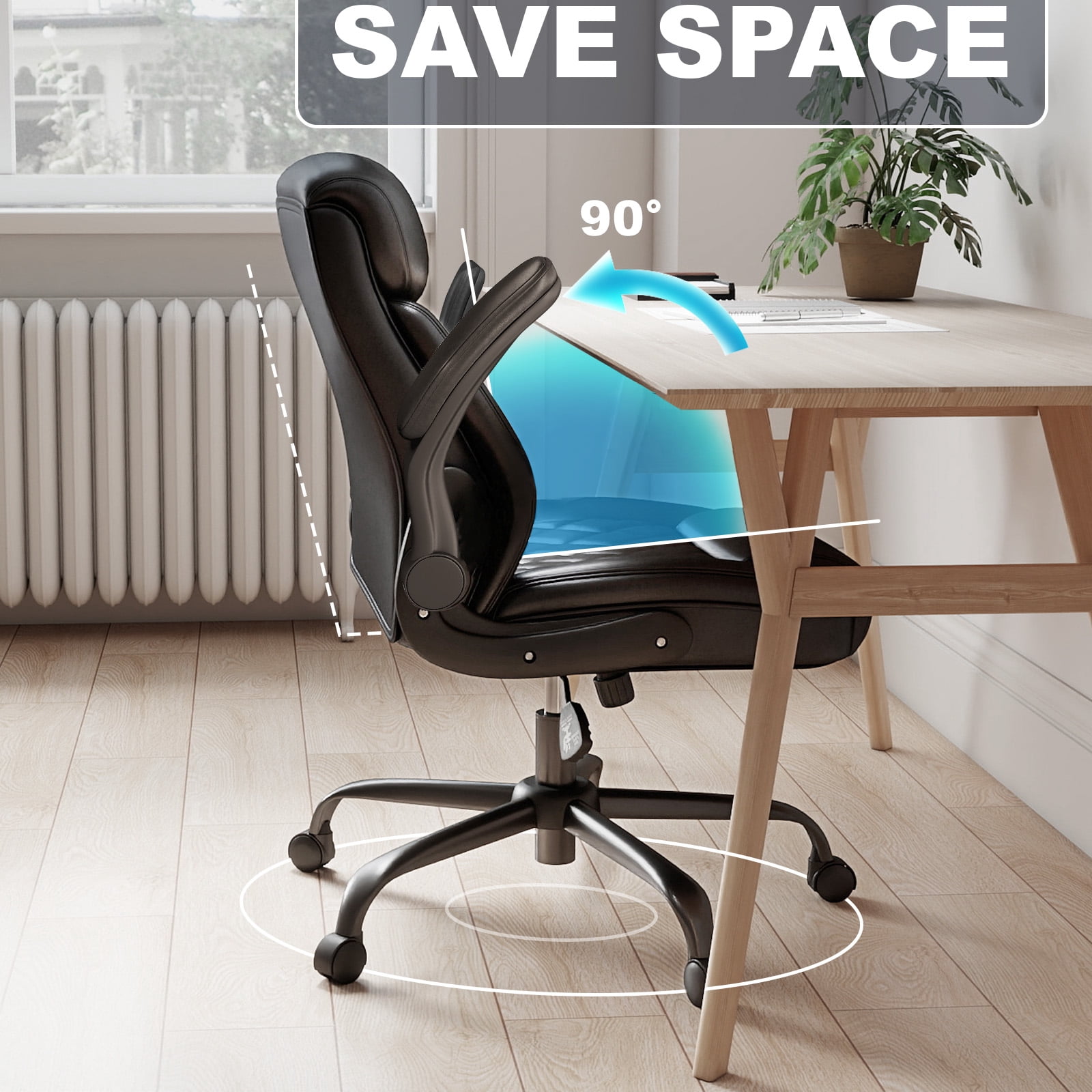 Mid-Back Executive Office Chair, Black PU Leather, Diamond-Stitched, Adjustable Armrests, Lumbar Support, Ergonomic Swivel Desk Chair