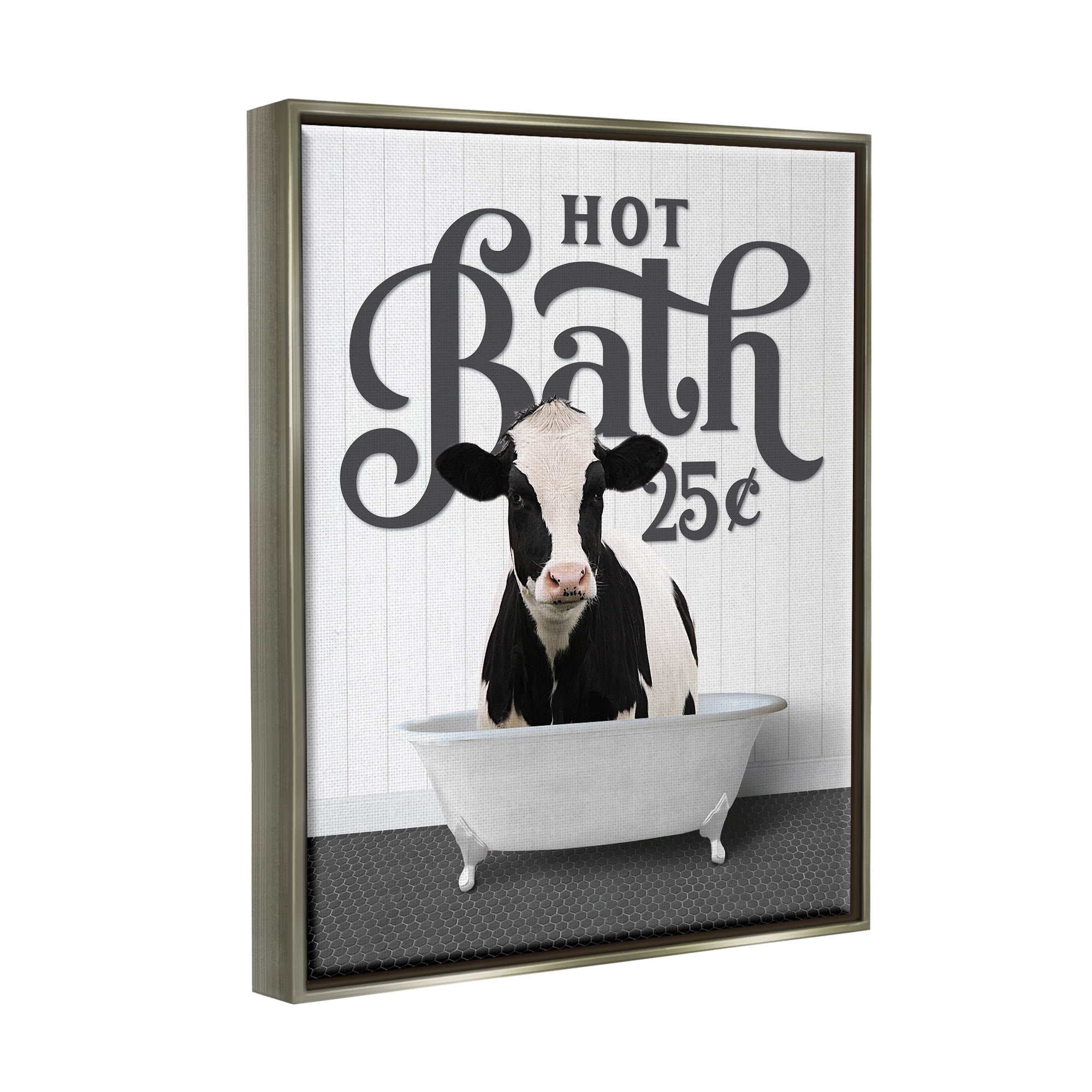 Stupell Industries Vintage Hot Bath Cow Animals & Insects Painting Gray Floater Framed Art Print Wall Art, 25 x 31