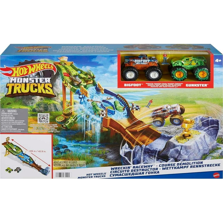 Hot Wheels Monster Trucks Toys, Wreckin' Raceway Playset with Monster  Trucks Bigfoot & Gunkster, Convenient Storage, Gift for Kids​​, HGV12