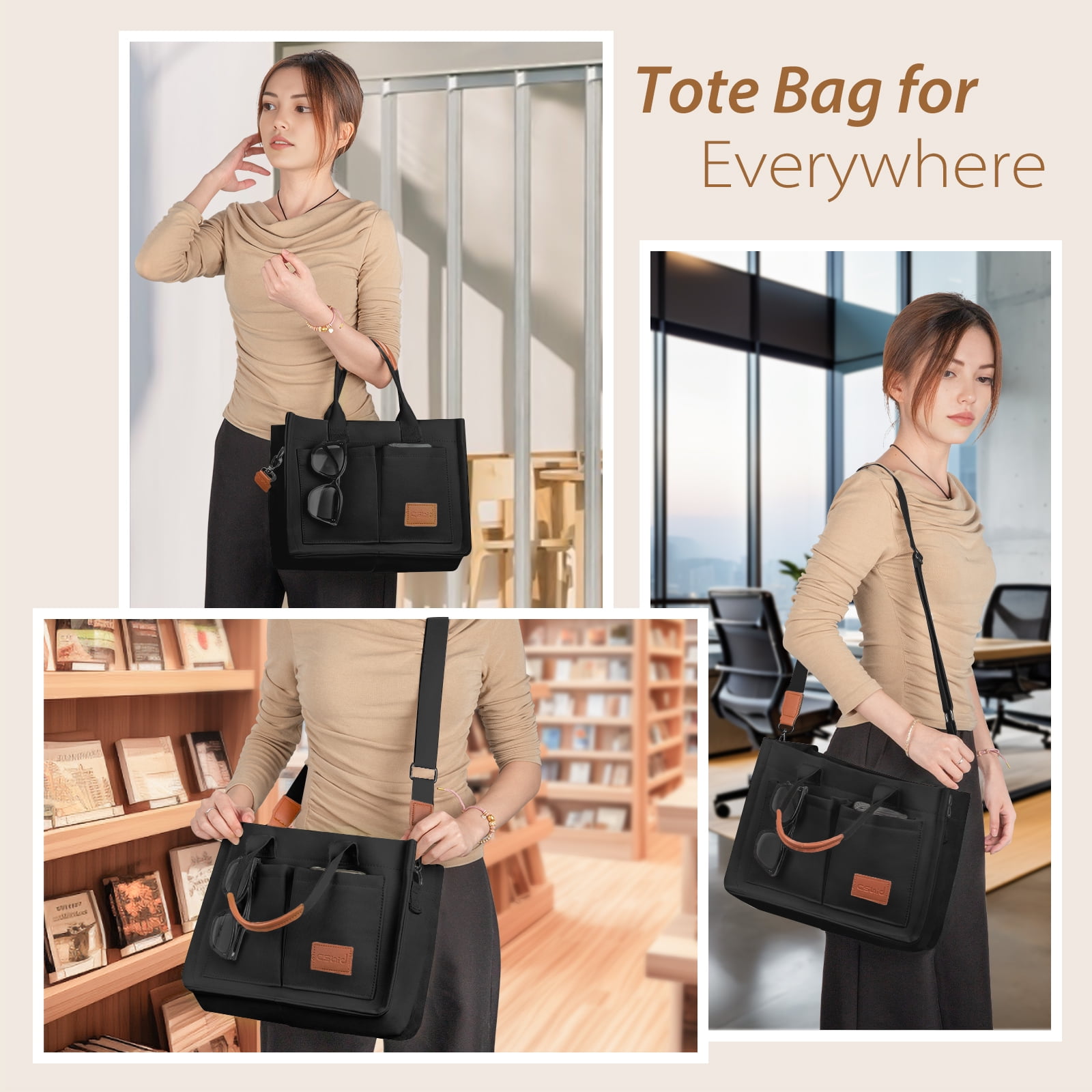 Cshidworld Canvas Tote Bag for Women With Pockets, Laptop Work Crossbody Everyday Satchel, Purses Everything Shoulder Tote Bag Everyday Satchel Handbags Messenger Gym Totes, Black