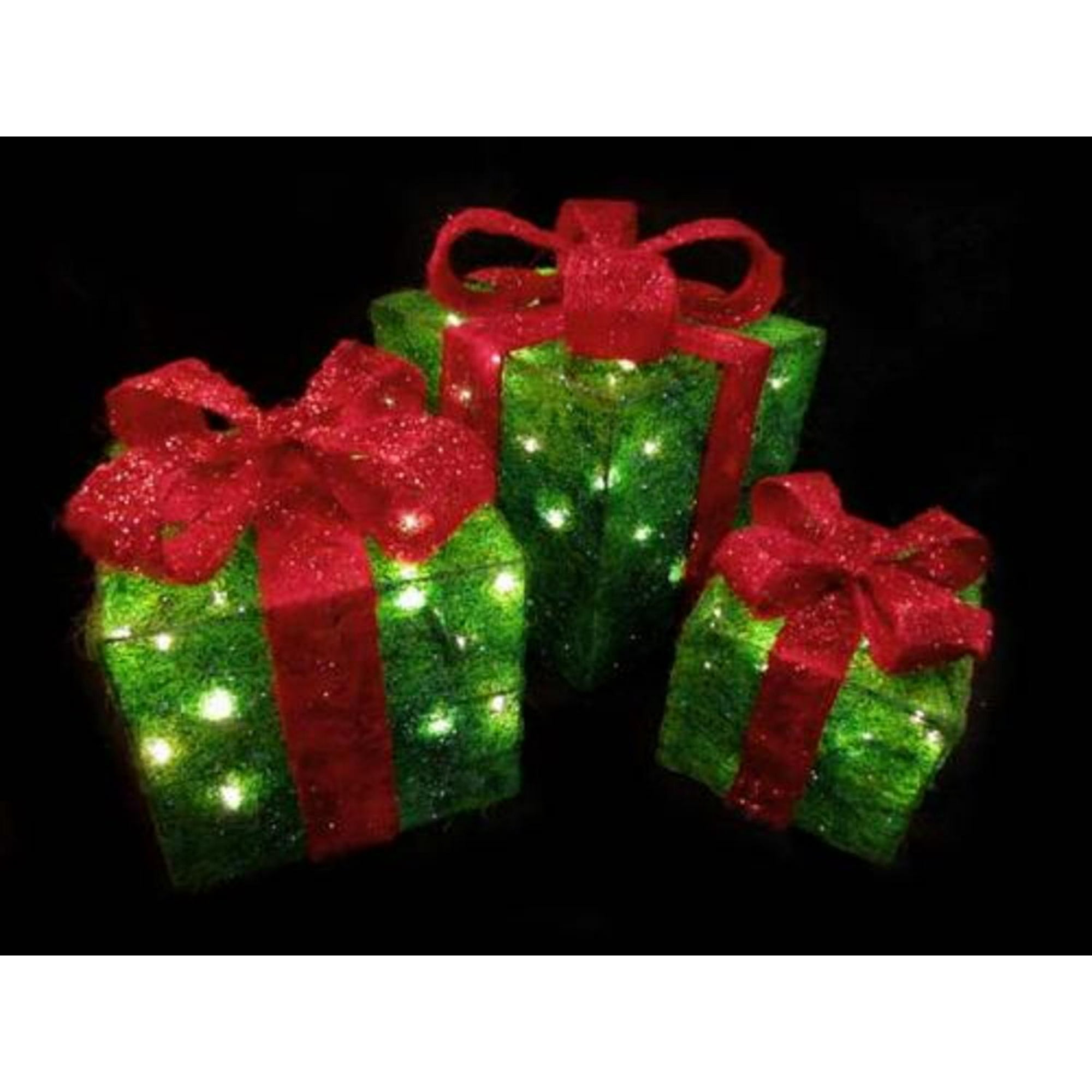 Set Of 3 Lighted Sparkling Green Sisal Gift Boxes Christmas Outdoor