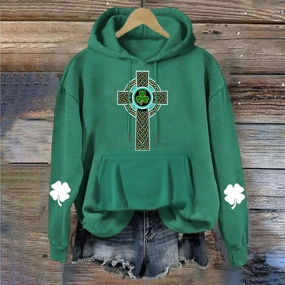 BLTIBY St Patricks Day Sweatshirt Hoodies for Women Spring Fall Lucky Printed Long Sleeve Round Neck Fashion Causal Pullover Tops Green XXL