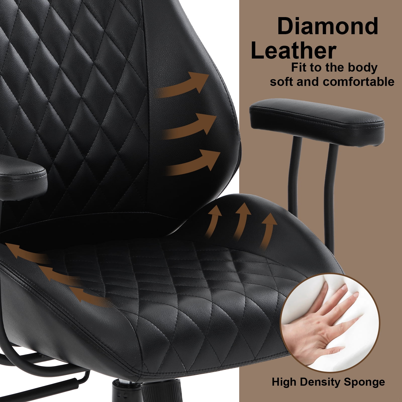 E-Motie Home Office Desk Chair, Ergonomic High Back Leather Computer Chair with Lumbar Support, Adjustable Height & Recline, Swivel Executive Office Chair with Armrests and Rubber Casters, Black