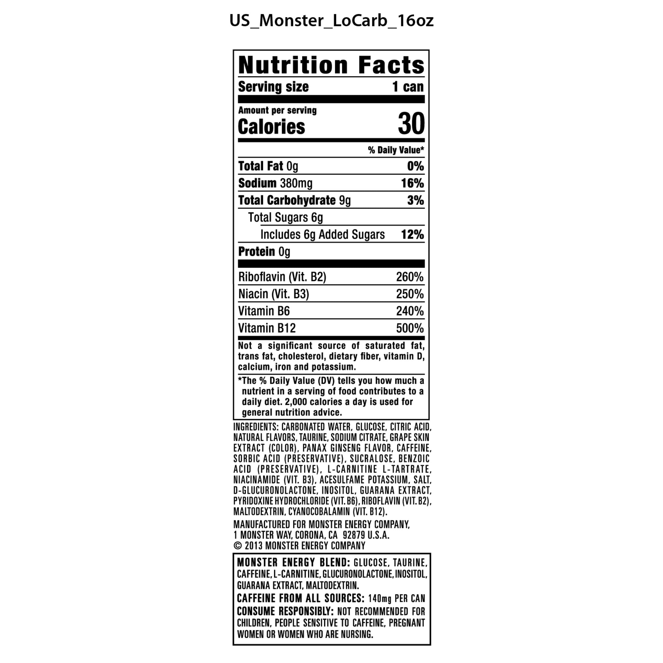 Monster Energy Lo-Carb Energy Drink, Zero Sugar, 15-Pack, 16 Oz Cans