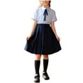 thumbnail image 3 of SGFCWSX Girls 3-Piece School Uniform Set, Kids Short Sleeve Collared Shirt with Bow Tie and Pleated Skirt Outfit Navy Size 7-8 Years, 3 of 8