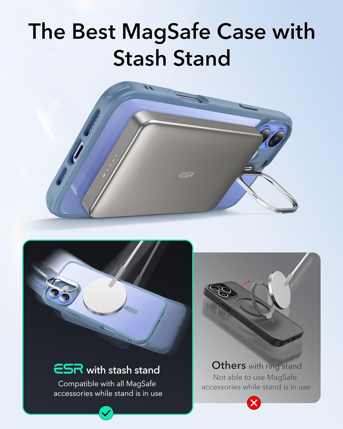 RGHJAR-ESR for iPhone 16 Case, Compatible with MagSafe, Military-Grade Protective Case, Built-in Stash Stand Phone Case, Scratch-Resistant Back Cover, Classic Series, Clear Blue