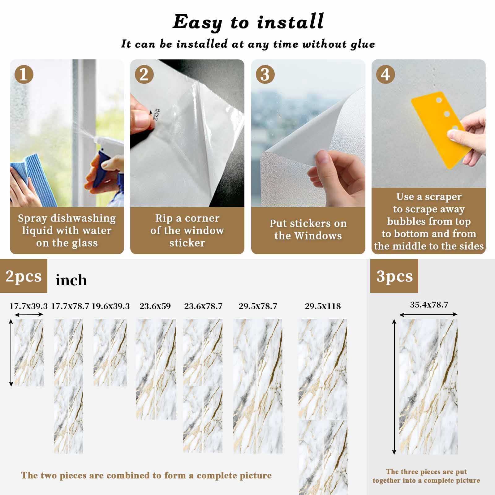 Marble White Gold Window Privacy Film, Modern Abstract Geometric Static Cling UV Sun Blocking Heat Control Window Tint Day and Night, Non-Adhesive Reusable One Way Windows Privacy Cover 23.6''x59''