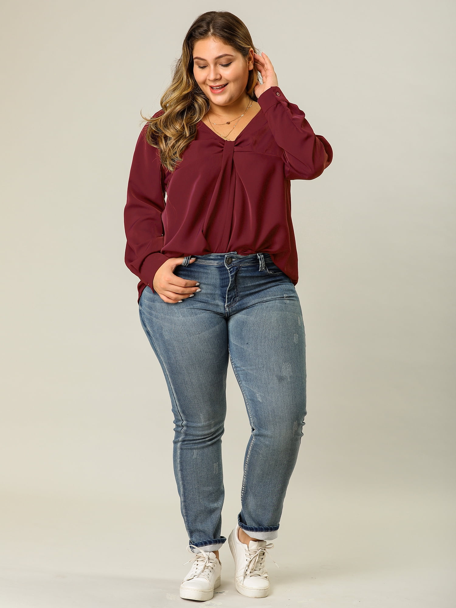DARING DIVA Women's Plus Size V Neck Loose Long Sleeve Twist Knot Top 4X Burgundy