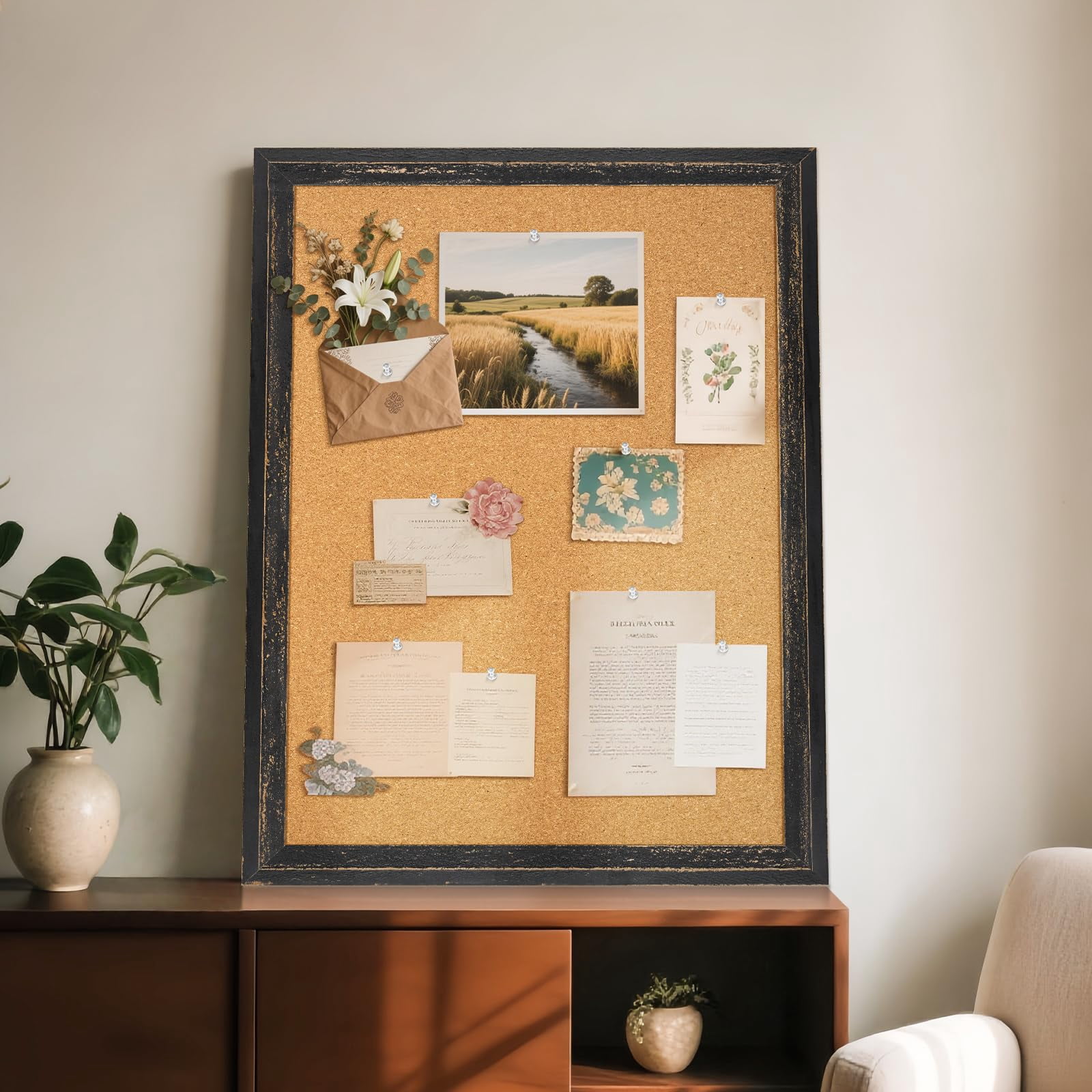 Cork Board Bulletin  30" X 20" Corkboard For Wall Rustic Black Wooden Frame Decorative Hanging Pin Home Office Room Decor 10 Push Pins