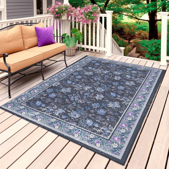 Navy Blue Floral Boho Outdoor Rug 3x5 Ft, Non Slip Washable Area Rug, Ethnic Tribe Abstract Art Flower Patio Rugs Carpet Runner, Large Floor Mat for Indoor/Outdoor Deck Porch Camping