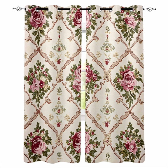 Vintage Pink Red Floral Blackout Curtains 84 Inches Long for Bedroom, Farmhouse Flower Green Leaf Thermal Insulated Room Darkening Black Out Window Curtain Panels Grommet Drapes for Living Room