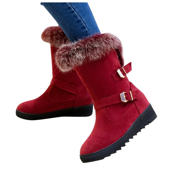 Fuzzy Platform Snow Boots for Women Suede Pull on Buckle Strap Anti-Slip Winter Mid Calf Booties
