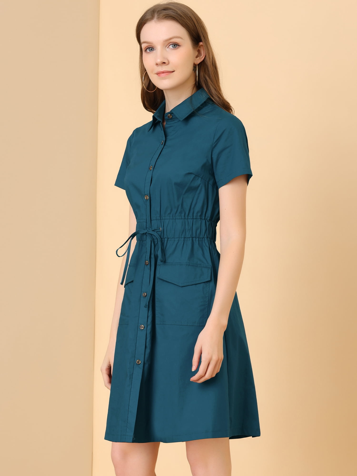 DARING DIVA Collar Elastic Waist Above Knee Dress with Pocket XL Navy Blue
