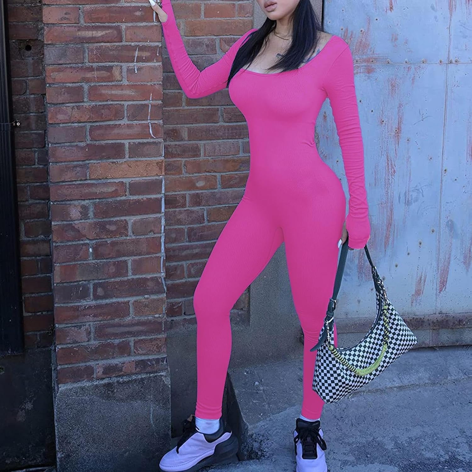 LAICAIW Long Sleeve Workout Jumpsuit-Bodycon Long Sleeve Square