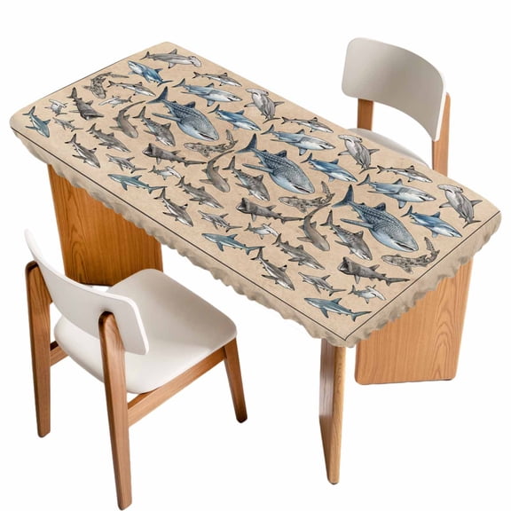 Ocean Sharks Table Cloths for 4 Foot Rectangle Tables, Vintage Coastal Underwater Animals Brown Patio Waterproof Elastic Fitted Tablecloths, Washable Rectangular Table Cover for Camping