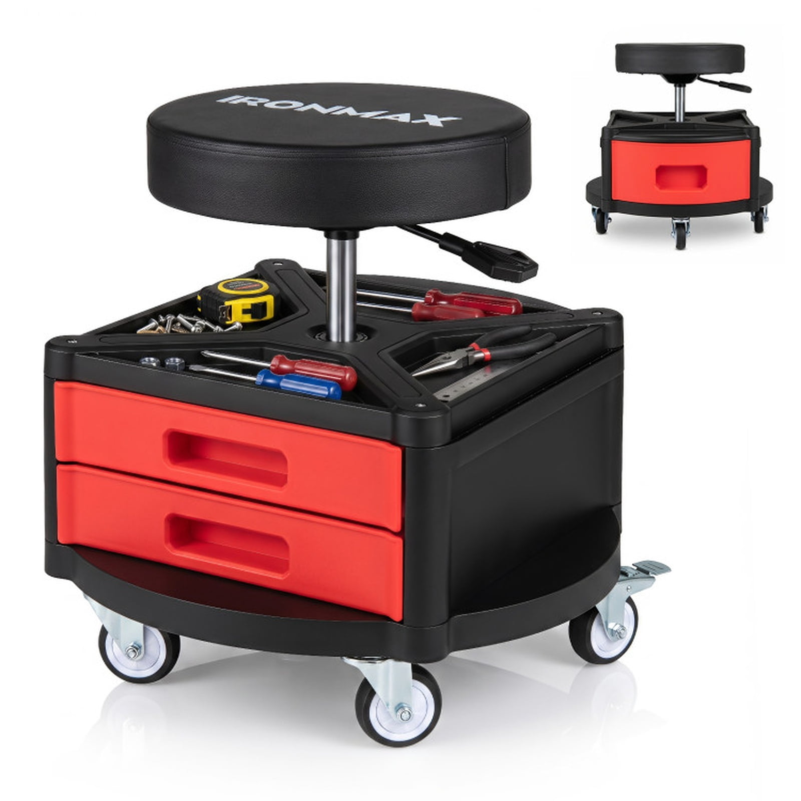 Biotree Rolling Mechanic Stool Adjustable Height Shop Seat for Garage 23" x 20.5" with Tool Tray for Garage Shop, Red