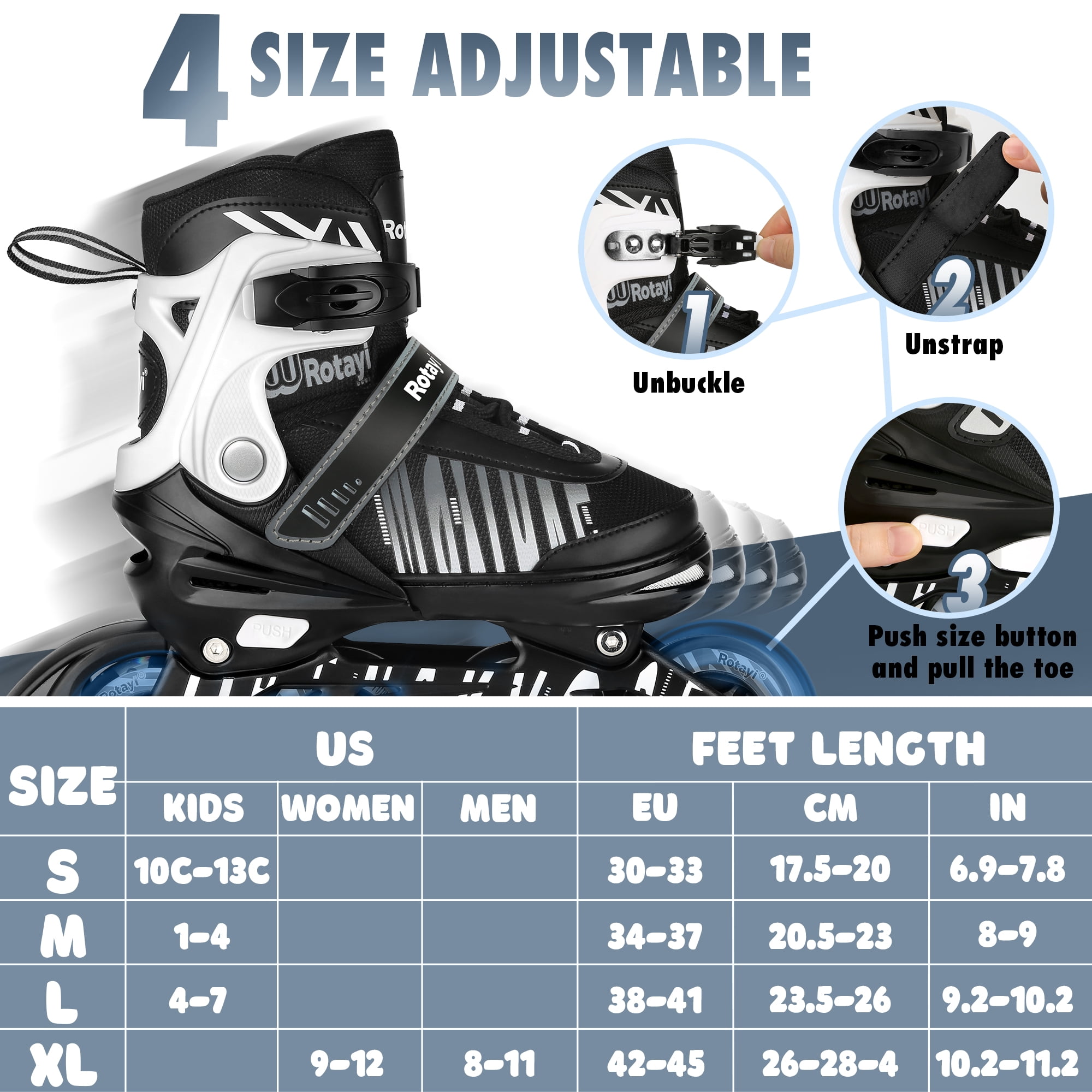 TaroKitc Adjustable Inline Skates for Kids and Adult, Girls, Boys with All Light up Wheels, White(Size 5-8)