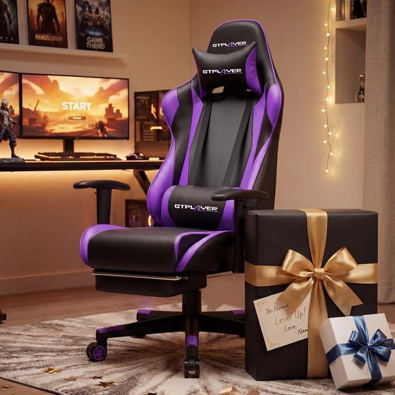 GTRACING Gaming Chair with Footrest Ergonomic Reclining Office Chair Swivel Rocker, Purple