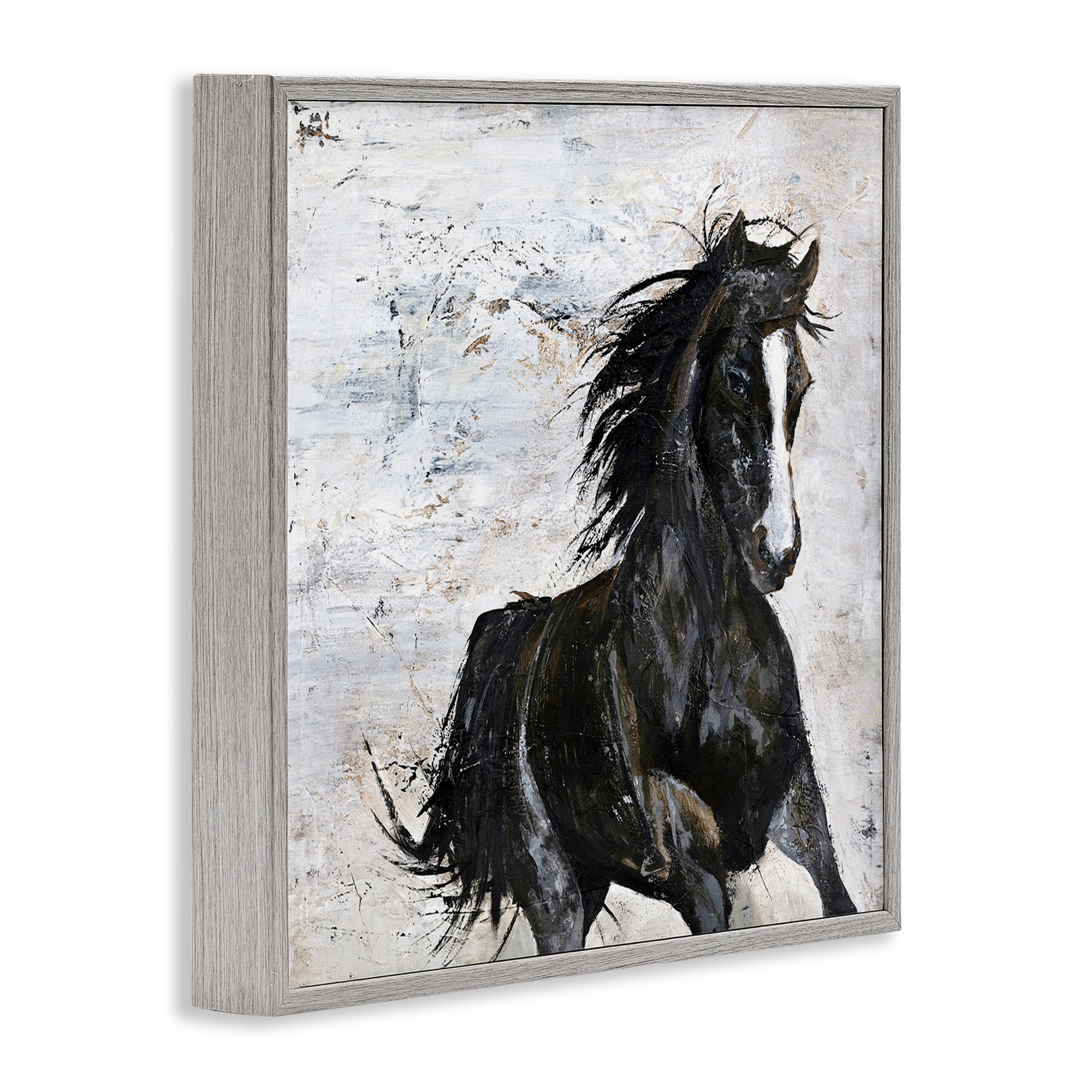 Stupell Industries Wild Black Horse Galloping Animals & Insects Painting Gray Framed Art Print Wall Art, 12 x 12