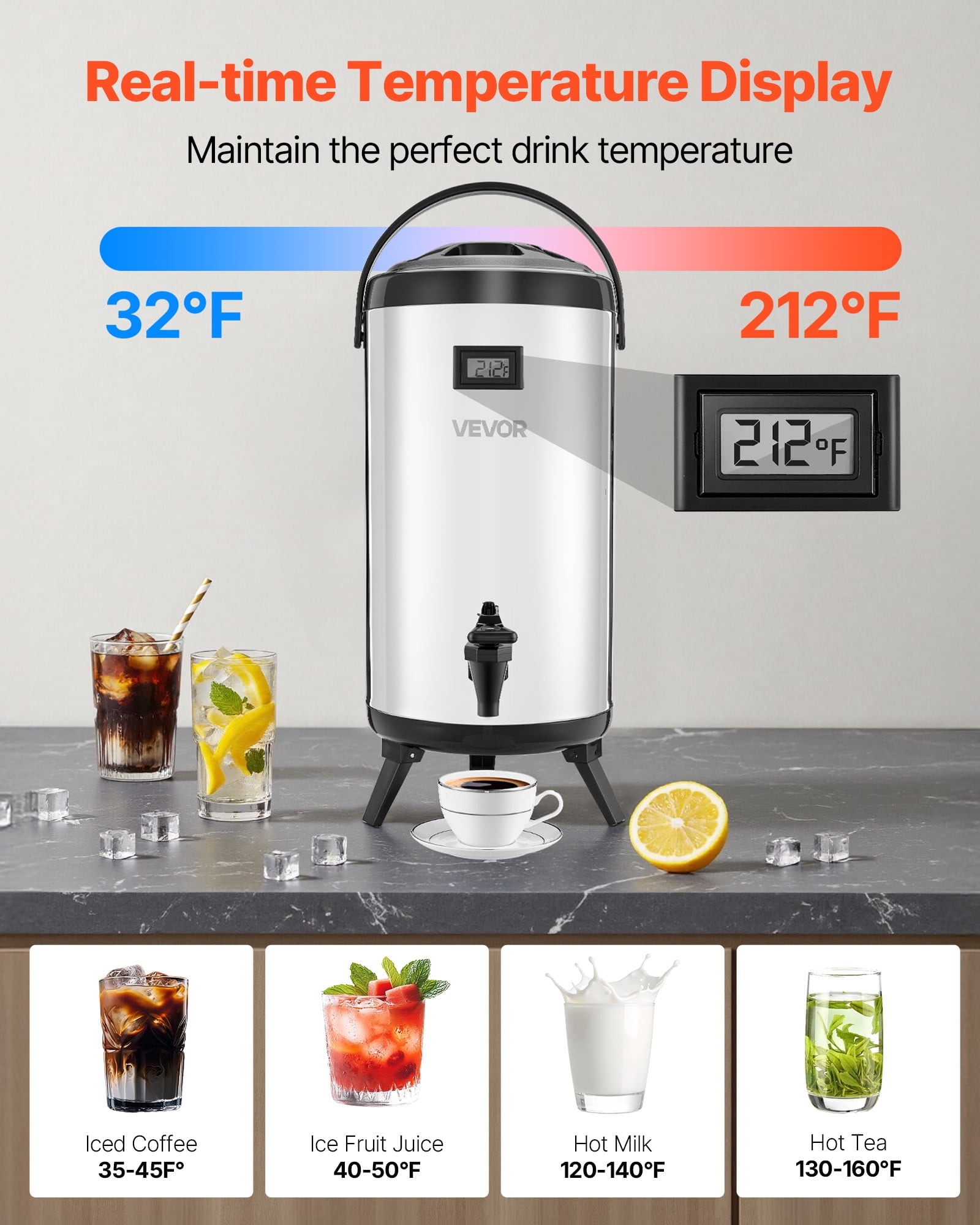 VEVOR Insulated Beverage Dispenser, 2.4 Gal/9.2L Stainless Steel Thermal Drink Server with Spigot & Temp Display, Suitable for Hot and Cold Drinks, for Tea Coffee Water in Cafes & Restaurants, Silver