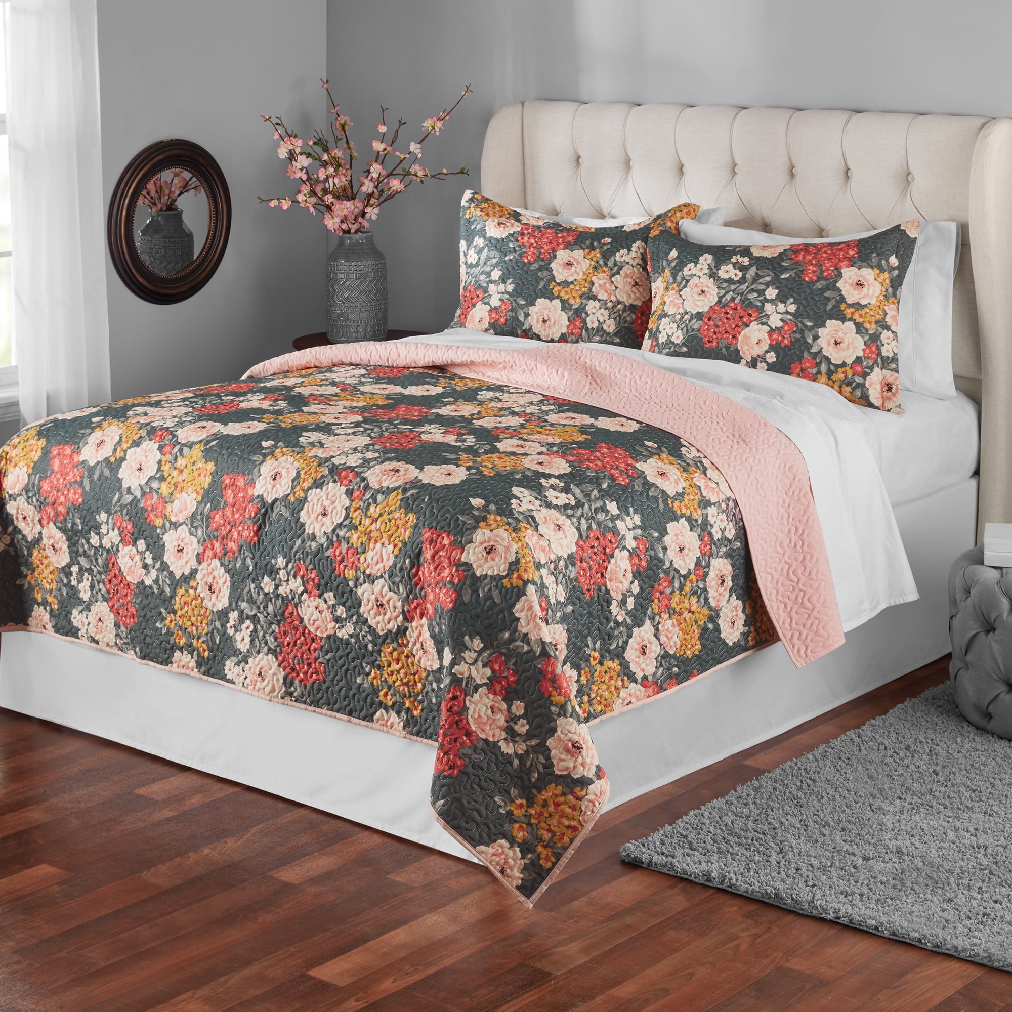 Bethany Sophisticated Floral 3 Pc Quilt Set-Quilt 2 Shams-Reversible Comforter 