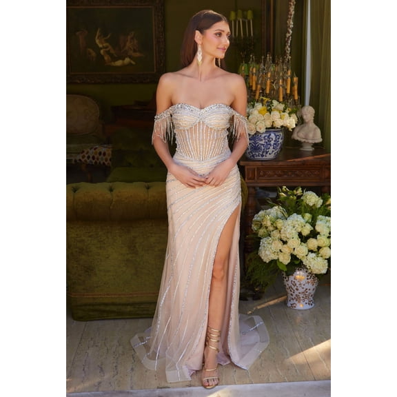 Women's GLS Gloria Fringe Off Shoulder Slit Gown Gl3621 Champagne Goldish Beige Size XL