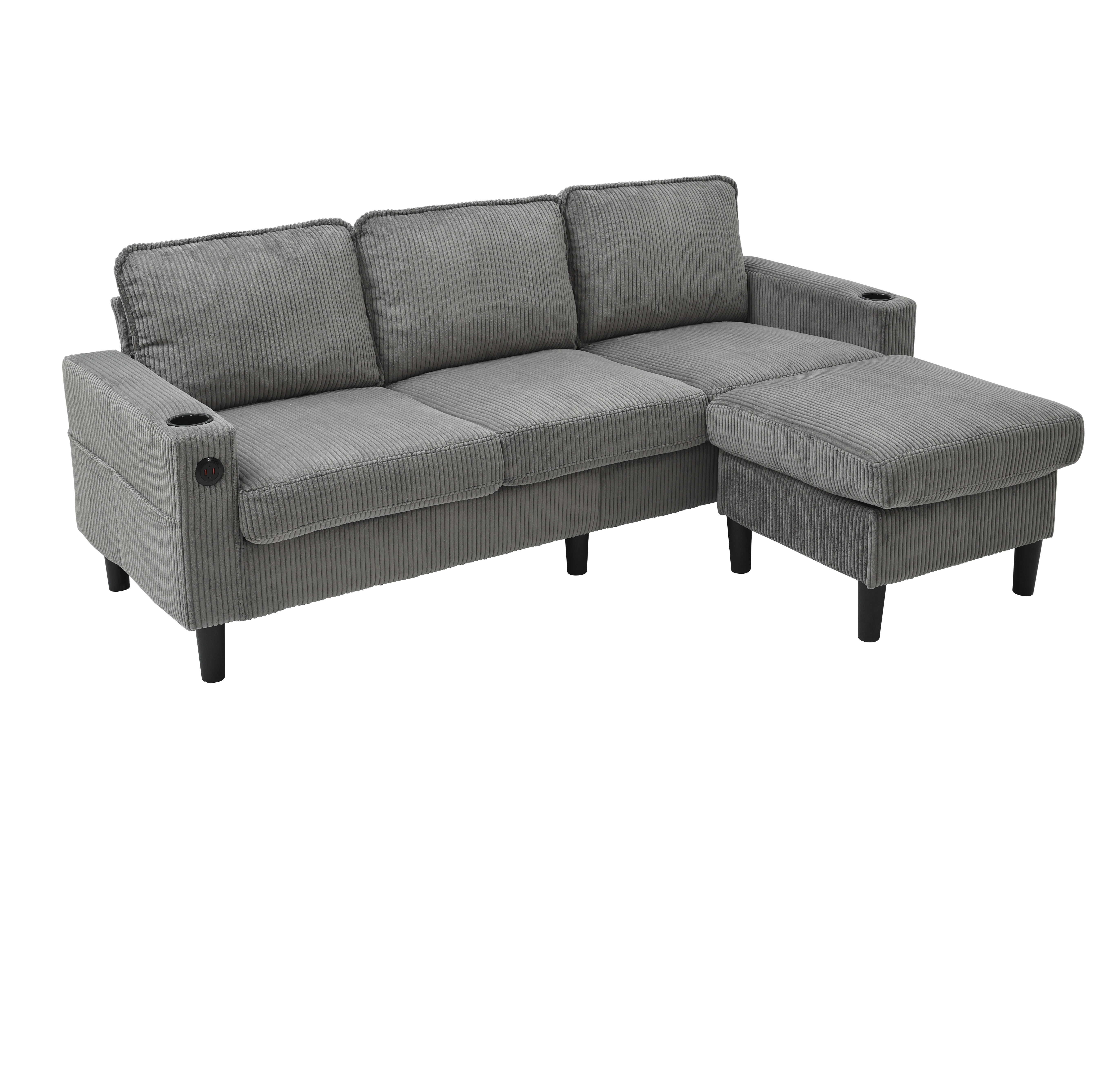 3-Seater L-Shaped Sofa in Light Grey, Features Storage Ottoman, USB Ports, Cup Holders and Magazine Pockets for Enhanced Convenience