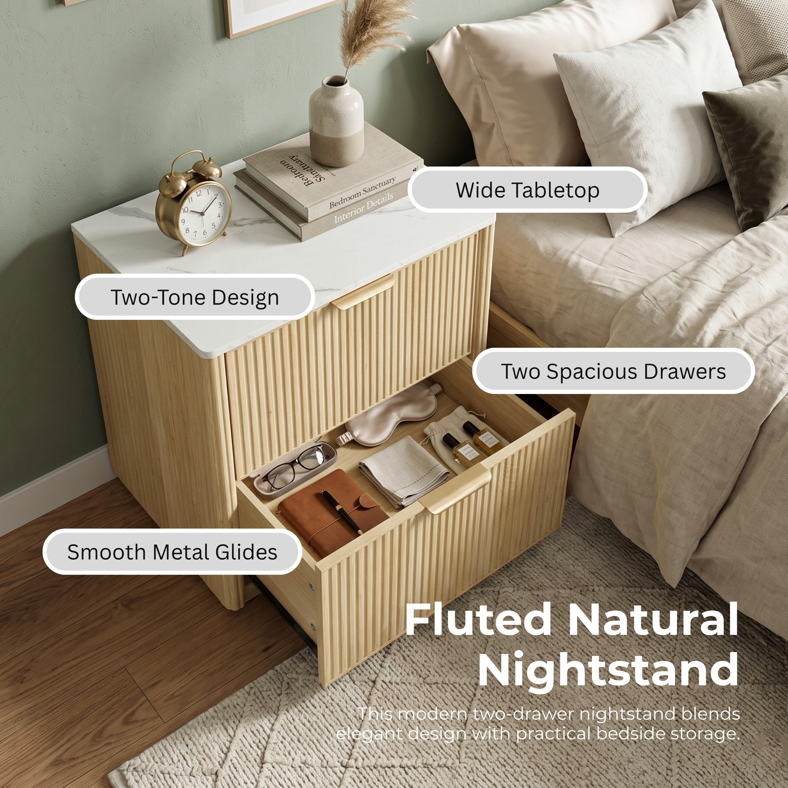 Furniture of America Zerik Modern Wood 2-Drawer Nightstand, Natural
