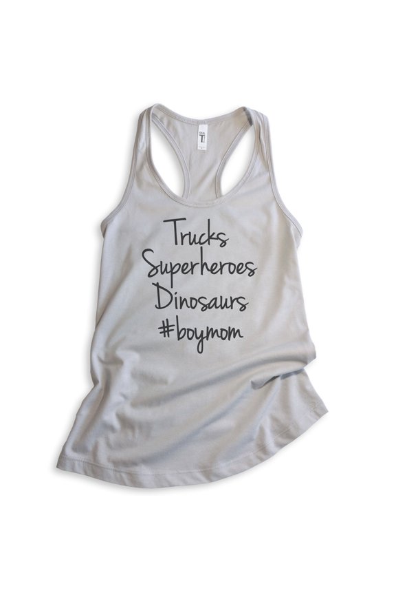 Trucks, Superheroes, Dinosaurs Tank Top, Ladies Racerback Tank Top, Mom Tank, Mama Tank, Mother Tank, Silver Gray, Small