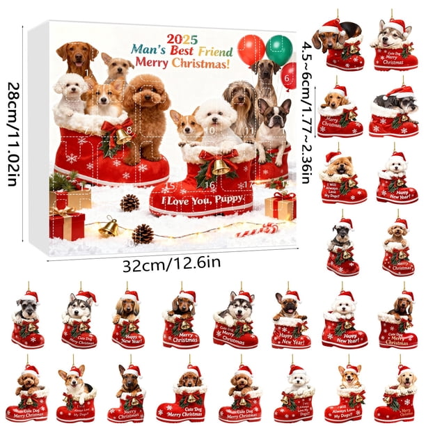 Calendrier de Noël compte à rebours | Ornement en acrylique 2D en forme de chiot, 24