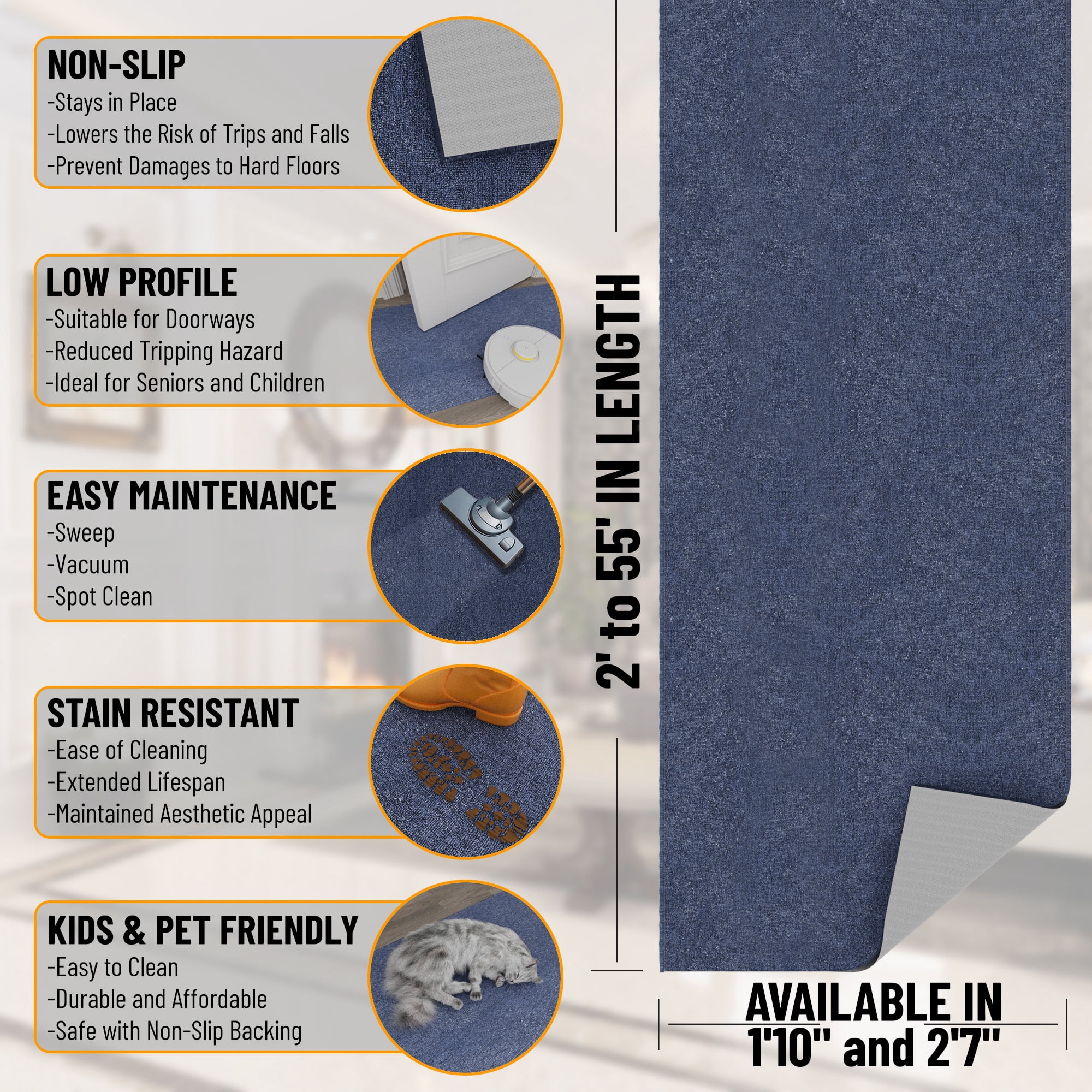 Ottomanson Hallway Runner Rug 1'10" x 47' Non-Slip Stain-Resistant Custom Size Carpet for Kitchen, Blue