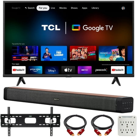 TCL 55S446 55" Class 4-Series 4K UHD HDR Smart Google TV Bundle with Deco Home 60W 2.0 Channel Soundbar, 37"-100" TV Wall Mount Bracket Bundle and 6-Outlet Surge Adapter