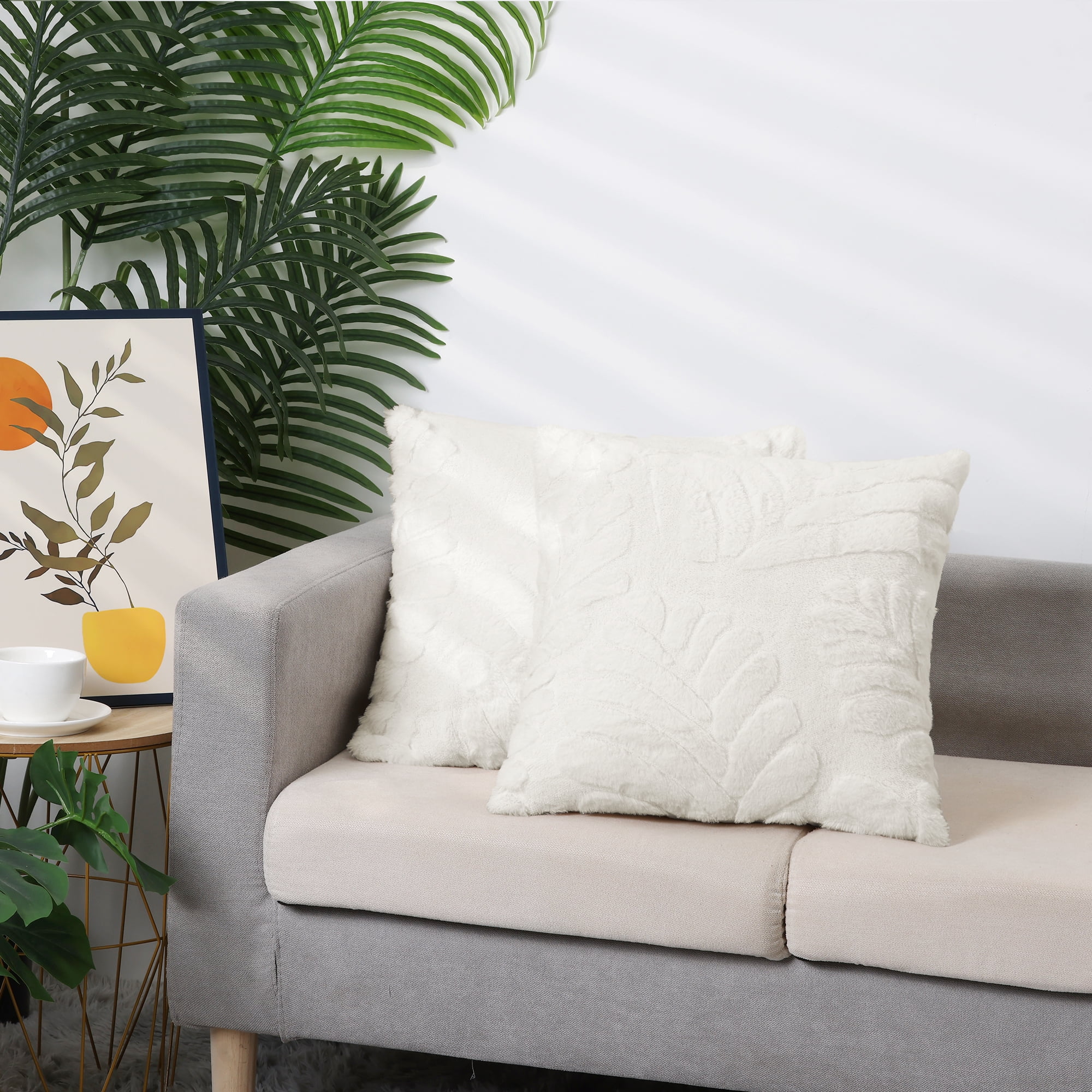 Unique Bargains Basho Leaf Pattern Cushion Covers Solid Fluffy Plush Pillow Covers 2 Pcs White 18" x 18"