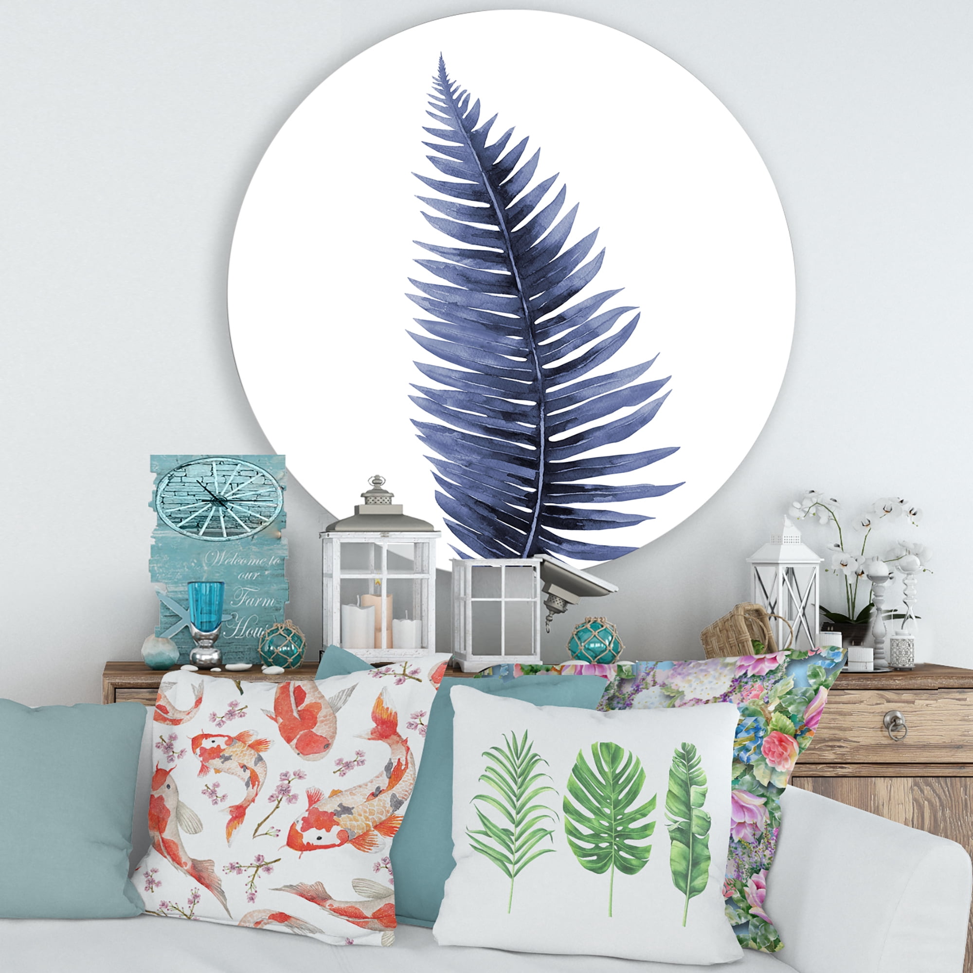 Designart 'Tropical Blue Watercolour Leaves On White' Bohemian & Eclectic Circle Metal Wall Art 29x29 - Disc of 29