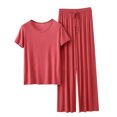 thumbnail image 3 of Sentmoon 2 Pcs Pyjama pour Femmes Col Ras du Cou Robes de Nuit pour Femmes Adultes Manches Courtes Ample Couleur Unie Ensemble de Pyjama Mode pour l'Heure du Coucher Confortable Rouge TTG, 3 of 4