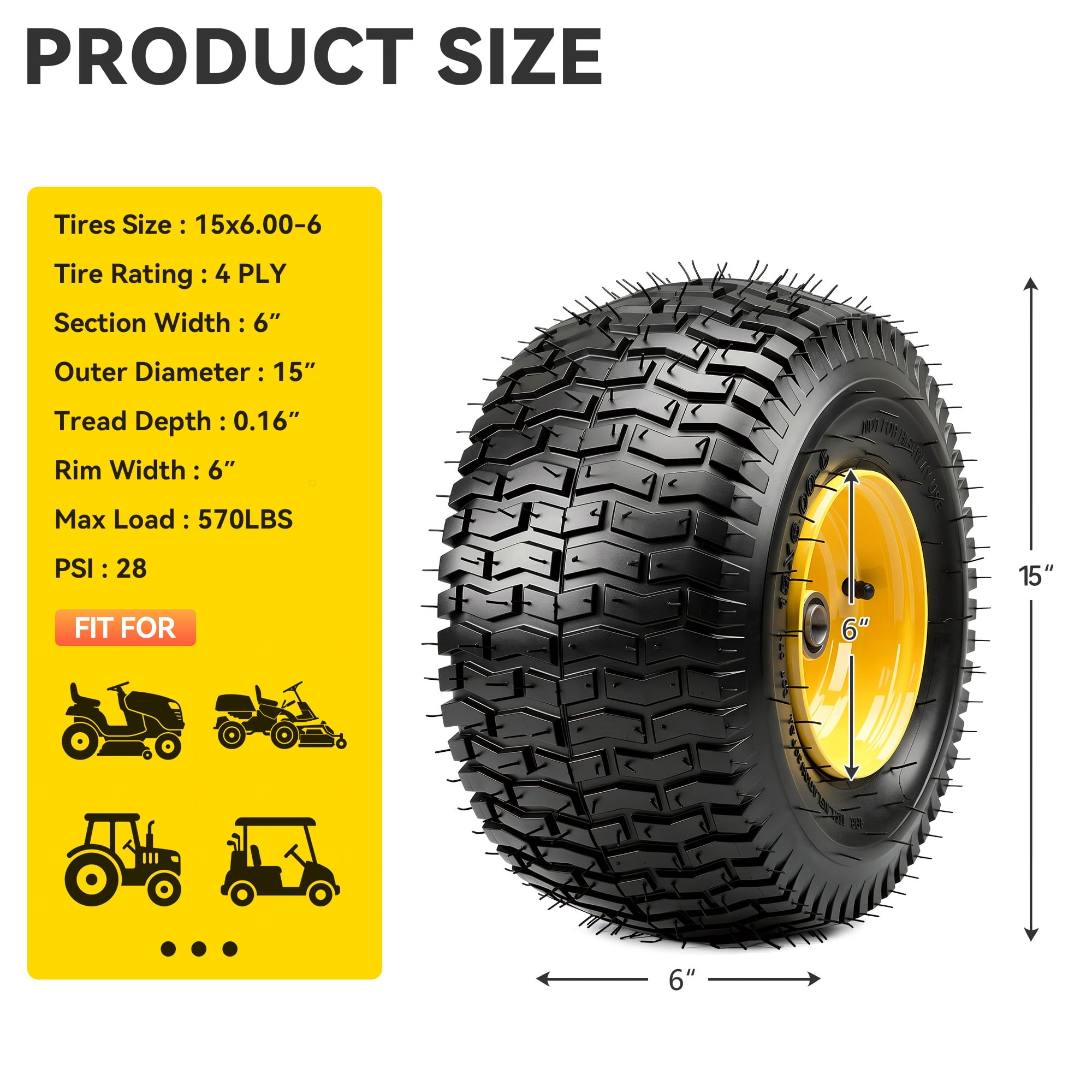 Uforic 15x6.00-6 4 Ply Lawn Mower Tire Wheel Set of 2, 3"Offset Hub 3/4" Bearings 570LBS Load Replacement for John Deere Riding Tractors