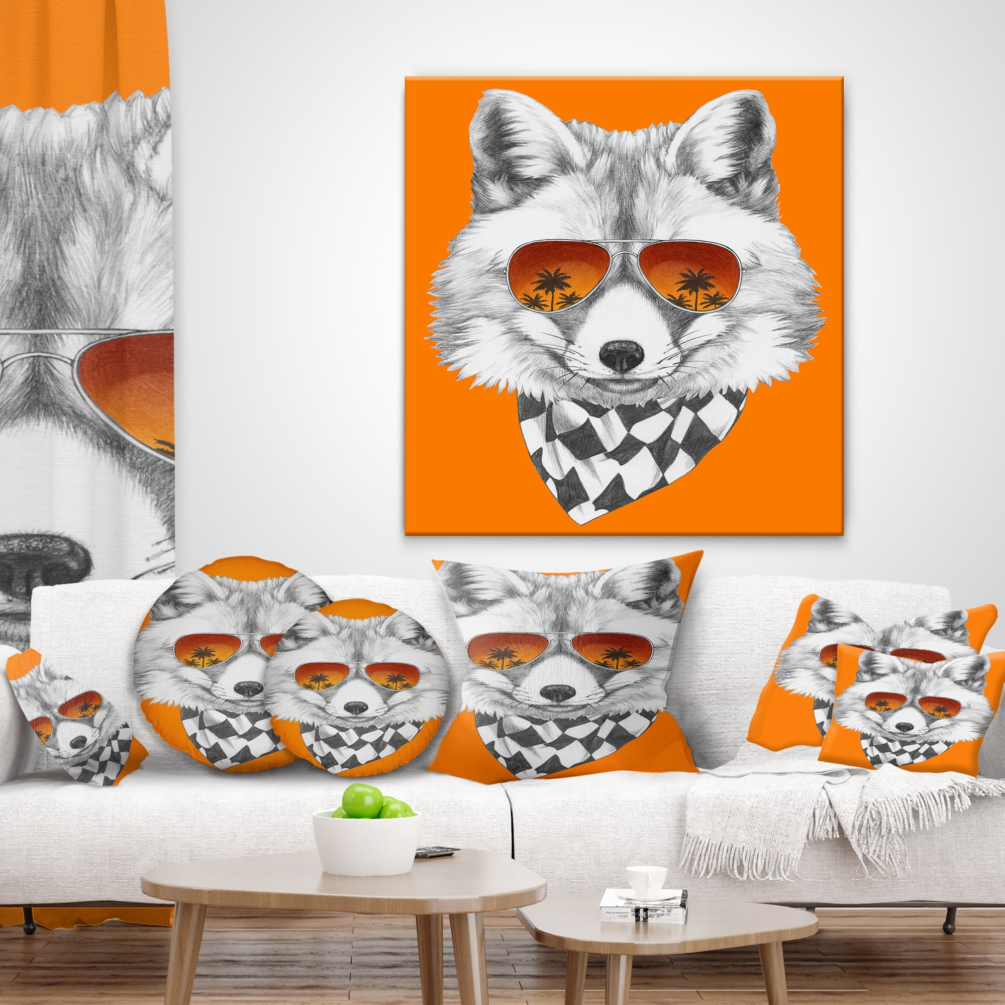 Designart Fox with Mirror and Sunglasses - Contemporary Animal Throw Pillow - 12x20