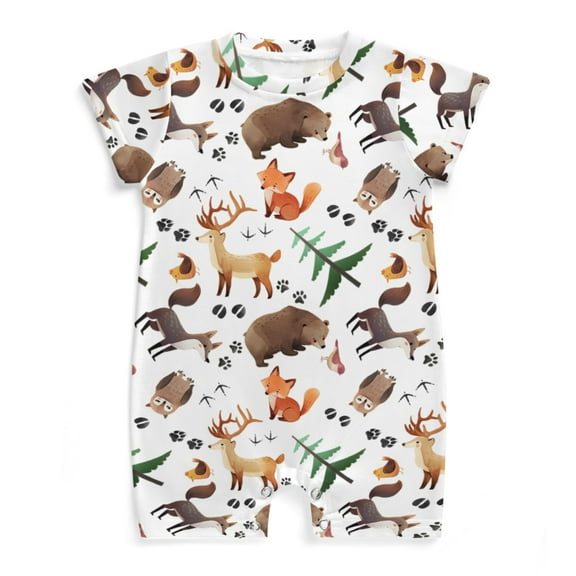 Woodland Animals Baby Rompers Outfits Infant Girls Boys Bear Fox Deer Owl Wolf Bird Trees Baby Bodysuits Summer Jumpsuits