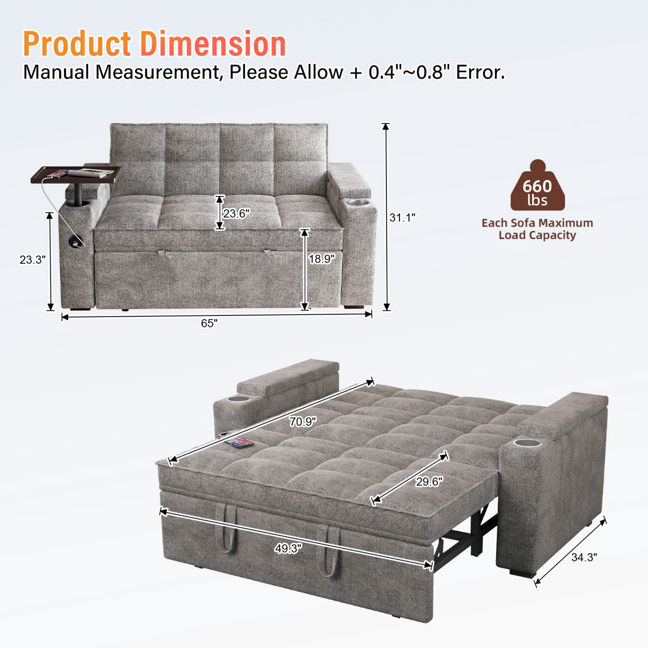 3-in-1 Sleeper Sofa,65" Loveseat Sofa Bed, 2 Seater Convertible Small Couch with 360° Swivel Side Table and USB,Chenille Pull Out Bed ,Gray