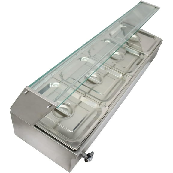 EQCOTWEA Food Warmer Bain Marie Buffet Steam Table with Glass Shield 4-Pan 6" Deep