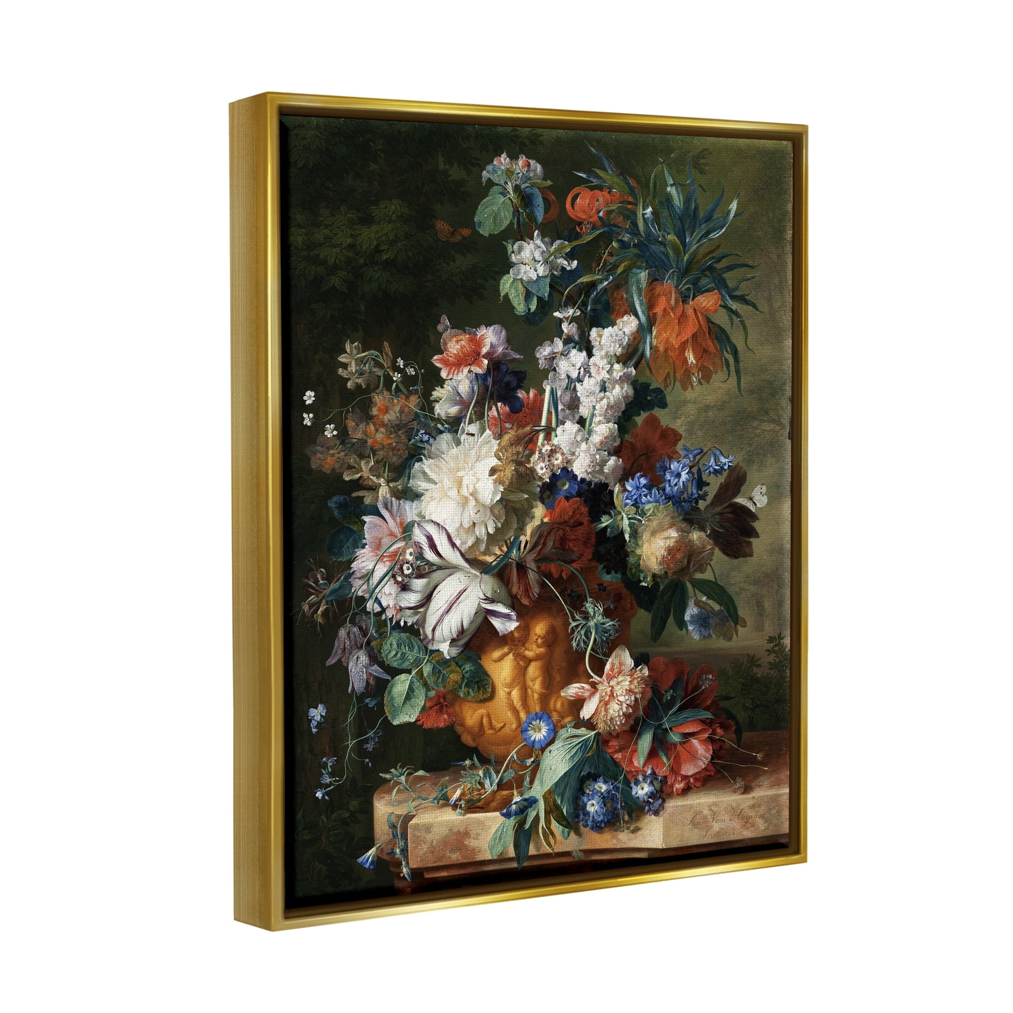 Stupell Industries Bouquet of Flowers in Urn Jan van Huysum Painting Painting Metallic Gold Floating Framed Canvas Print Wall Art, Design by one1000paintings