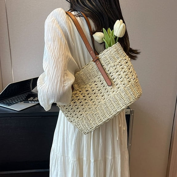 Womens Straw Tote Handbag - Summer Beach Bag with Top Handle - Handwoven Shoulder Bag