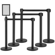 KFFKFF Queue Management Posts, Set of 6 Crowd Management Barriers, Carbon Steel with Baked Paint Finish, Stanchion Post Featuring Sign Holder & Trio of 6.5FT Extendable Straps, Line Separator