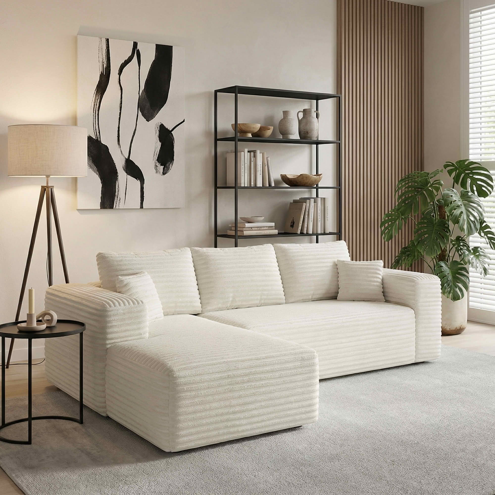 MAYEERTY 107" Cloud L-Shaped Modular Sectional Sofa with Left Facing Chaise, Plush Corduroy Deep Seat 3-Seater Couch, Cloud Sofa for Living Room, Apartment & Bedroom, No Assembly Required, White