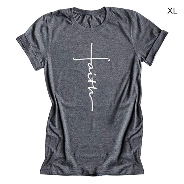facefd Femmes T-Shirt Col Rond Manches Courtes Blouse Casual Fille Col Rond T-Shirt Lettre Tee Top, Gris, XL