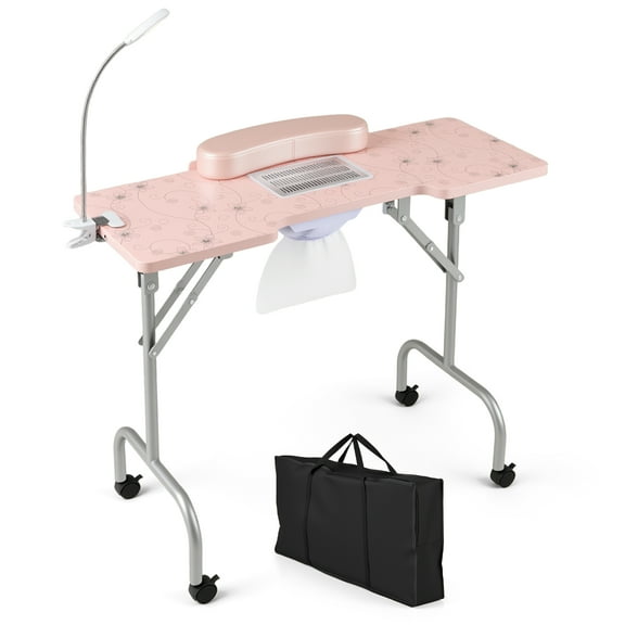 Costway Folding Manicure Nail Table with Electric Dust Collector LED Lamp Carry Bag Pink