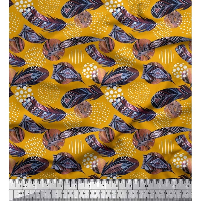 Soimoi Polyester Crepe Fabric Brush Stroke & Feather African Printed Fabric 1 Yard 52 Inch Wide