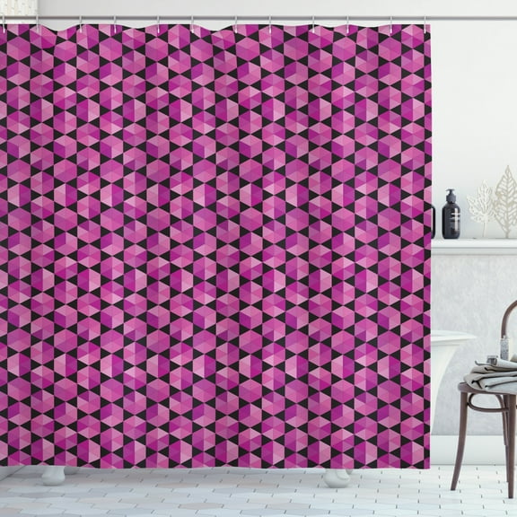 Geometric Shower Curtain, Hexagons in Warm Tones Modern Fractal Triangles Forming Diagonal Fashion, Fabric Bathroom Set with Hooks, 69W X 75L Inches Long, Dark Magenta Black, by Ambesonne