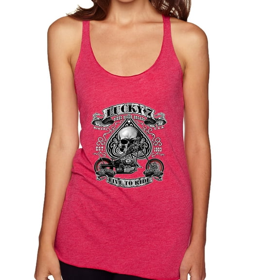 Lucky 7 Live to Ride Bikes Booze Broads USA Est 1903 | Womens Fashion Premium Tri-Blend Racerback Tank Top, Shocking Pink, Medium