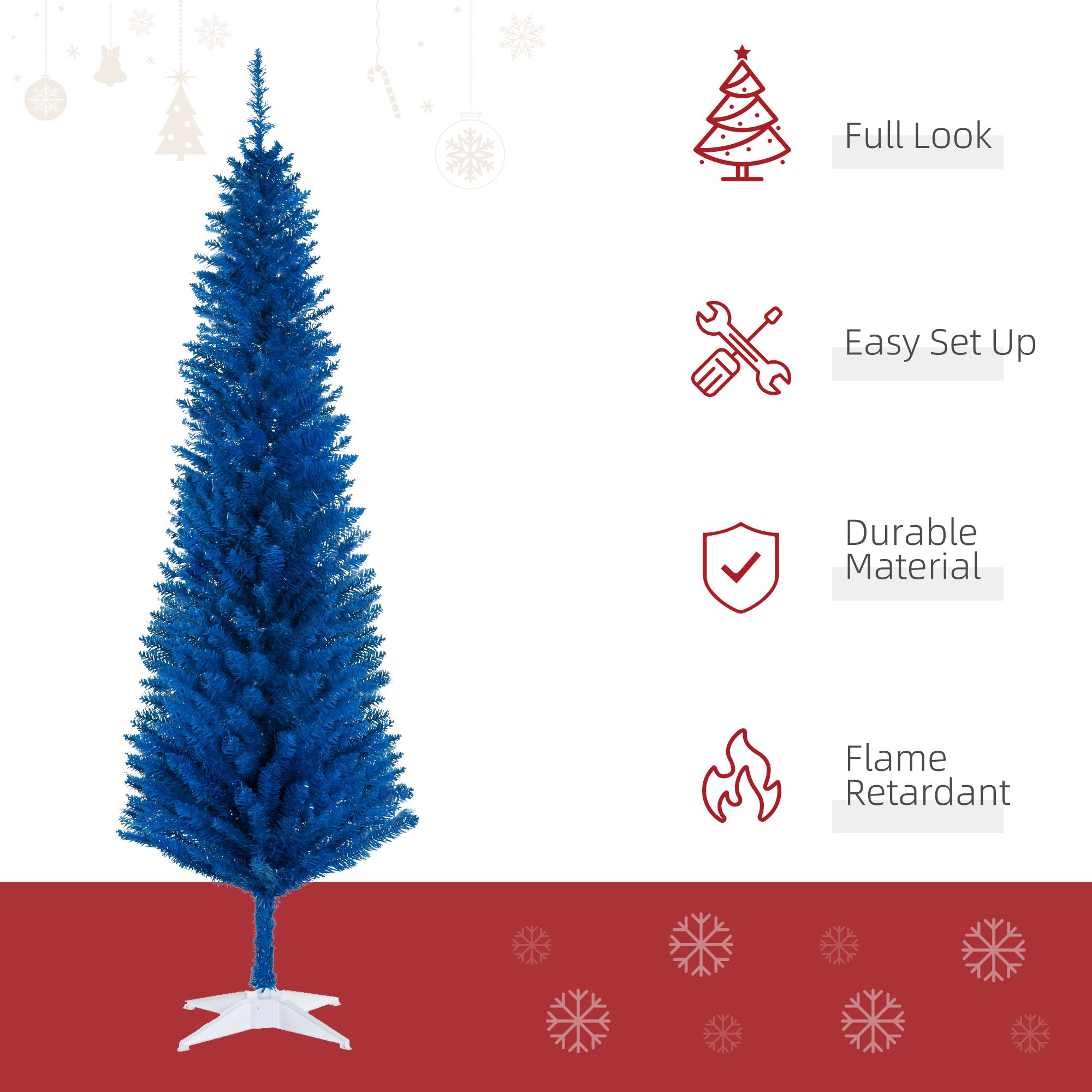 Pencil Christmas Tree, 6 ft Artificial Holiday Tree with 390 Branch Tips and Plastic Stand, Slim Space-Saving Design for Small Rooms and Apartments